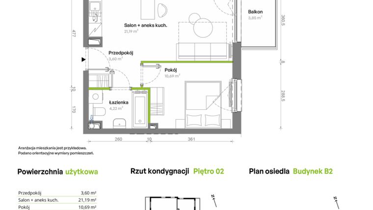 Rzut - Mieszkanie na sprzedaż 2 pokoje o powierzchni 39,7 m² - numer B2.02.27 w Południe Vita