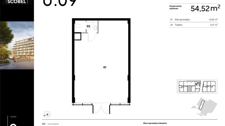 Rzut - Lokal użytkowy na sprzedaż 1 pokój o powierzchni 54,52 m² - numer U.09 w Browar HUGO SCOBEL