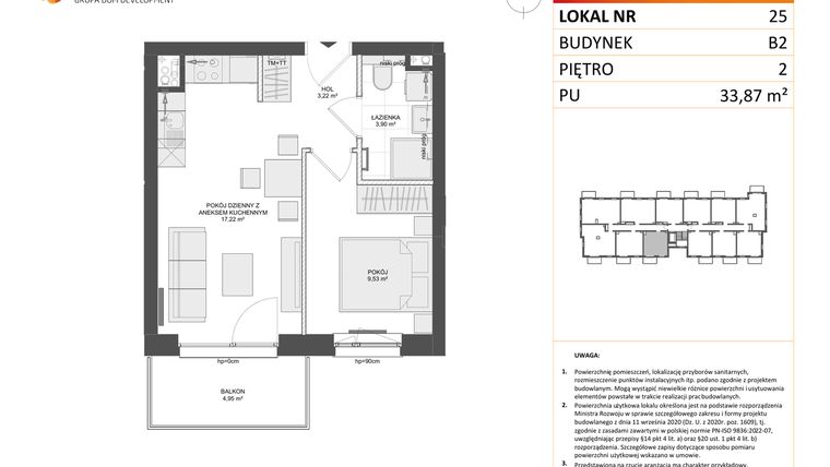 Rzut - Mieszkanie na sprzedaż 2 pokoje o powierzchni 33,87 m² - numer B2.25 w Osiedle Przy Błoniach 3 etap III