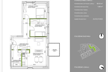 Rzut - Mieszkanie na sprzedaż 3 pokoje o powierzchni 68,03 m² - numer A2.62 w Osiedle Naturalnie