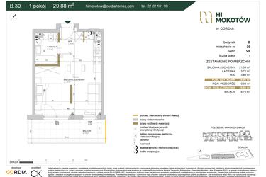 Rzut - Mieszkanie na sprzedaż 1 pokój o powierzchni 29,07 m² - numer A1.B.30 w Hi Mokotów