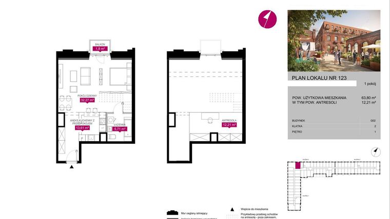 Rzut - Mieszkanie na sprzedaż 1 pokój o powierzchni 63,8 m² - numer G2.123 w Fuzja Lofty