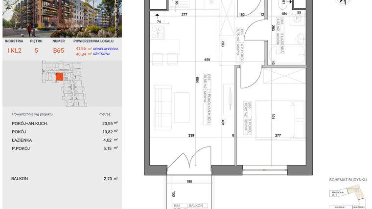 Rzut - Mieszkanie na sprzedaż 2 pokoje o powierzchni 40,94 m² - numer I-B65 w Industria etap I-B