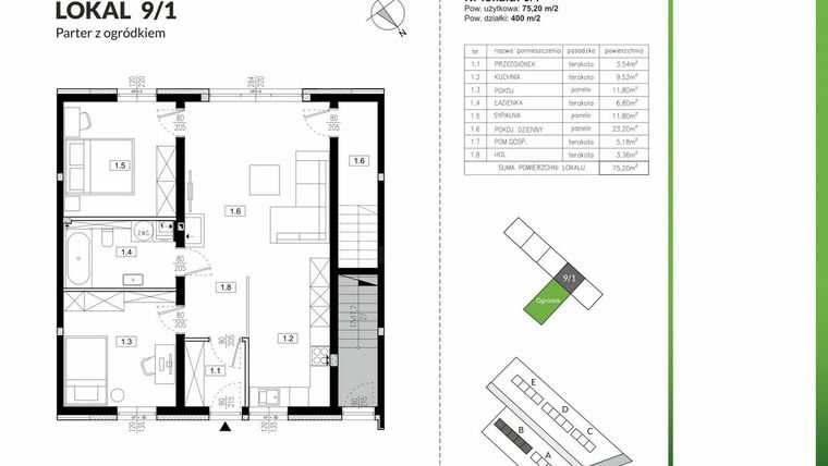 Rzut - Mieszkanie na sprzedaż 3 pokoje o powierzchni 75,2 m² - numer 9/1 w Szczęśliwa Polana