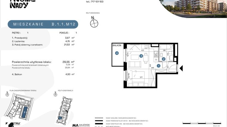 Rzut - Mieszkanie na sprzedaż 1 pokój o powierzchni 29,55 m² - numer B.1.1.M12 w Nowe Promenady etap II