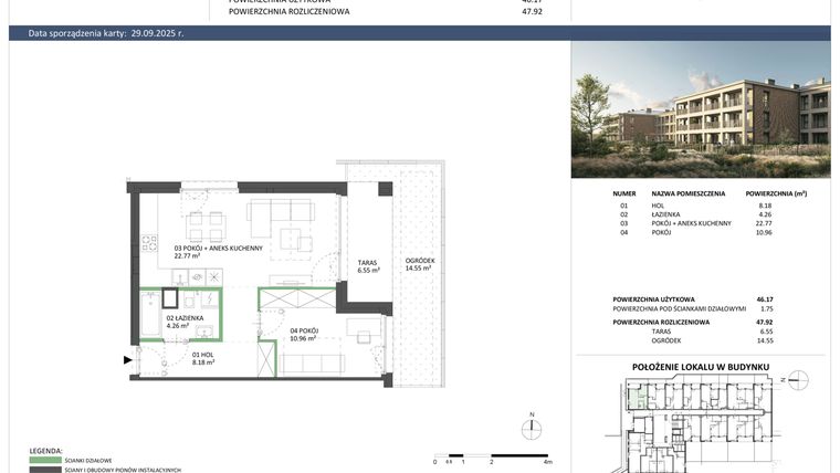 Rzut - Mieszkanie na sprzedaż 2 pokoje o powierzchni 46,17 m² - numer B-01 w Hillence etap 2