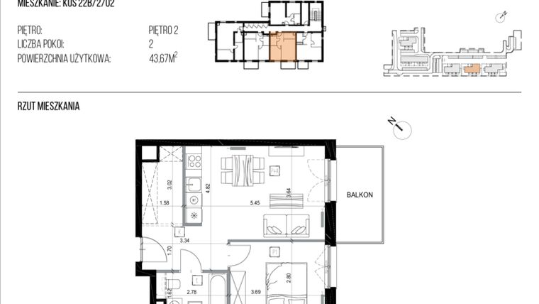 Rzut - Mieszkanie na sprzedaż 2 pokoje o powierzchni 43,79 m² - numer 22B/12 w Osiedle Naturama