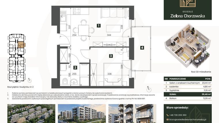 Rzut - Mieszkanie na sprzedaż 2 pokoje o powierzchni 39,46 m² - numer B2.M15 w Osiedle Zielona Chorzowska