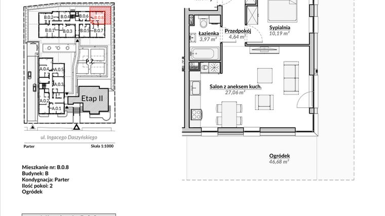 Rzut - Mieszkanie na sprzedaż 2 pokoje o powierzchni 45,86 m² - numer B.0.8 w Nowa Fregata