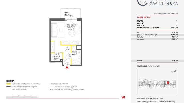 Rzut - Mieszkanie na sprzedaż 1 pokój o powierzchni 31,61 m² - numer 114 w Concept Ćwiklińska