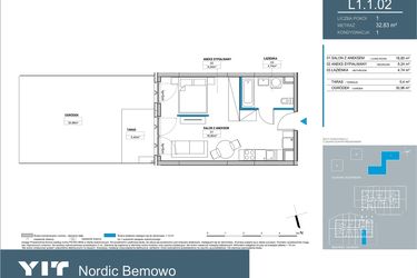 Rzut - Mieszkanie na sprzedaż 1 pokój o powierzchni 32,83 m² - numer L1.1.02 w Nordic Bemowo - etap III