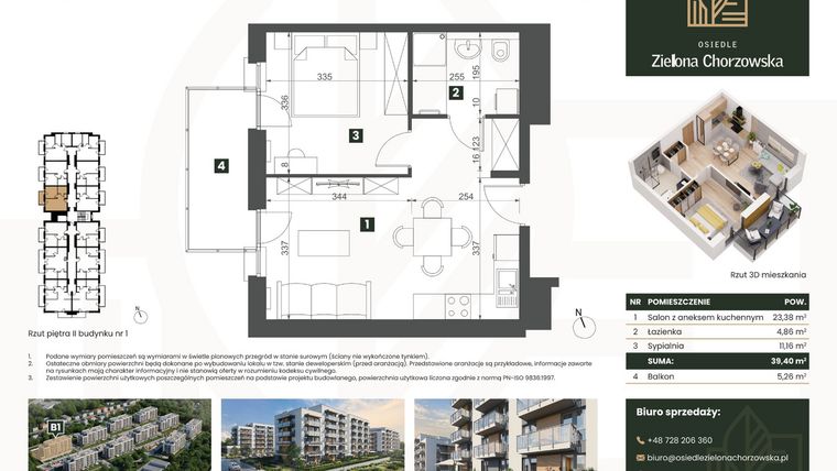 Rzut - Mieszkanie na sprzedaż 2 pokoje o powierzchni 39,4 m² - numer B1.M13 w Osiedle Zielona Chorzowska