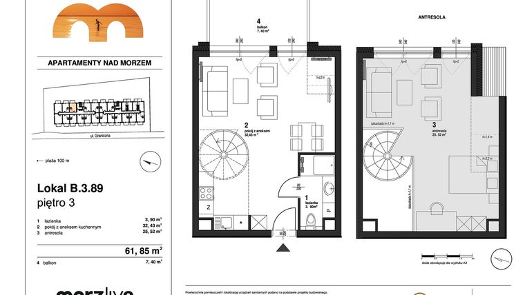 Rzut - Mieszkanie na sprzedaż 2 pokoje o powierzchni 61,85 m² - numer B.3.89 w Morzlive