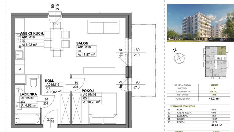 Rzut - Mieszkanie na sprzedaż 2 pokoje o powierzchni 46,03 m² - numer A00_M16 w Wierzbowy Park