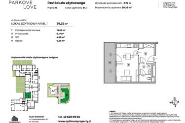Rzut - Mieszkanie na sprzedaż 1 pokój o powierzchni 29,22 m² - numer BL.1 w Parkove Love - apartamenty inwestycyjne