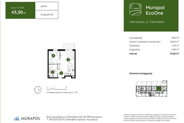 Rzut - Mieszkanie na sprzedaż 2 pokoje o powierzchni 43,3 m² - numer 2.A.0.05 w Murapol EcoOne