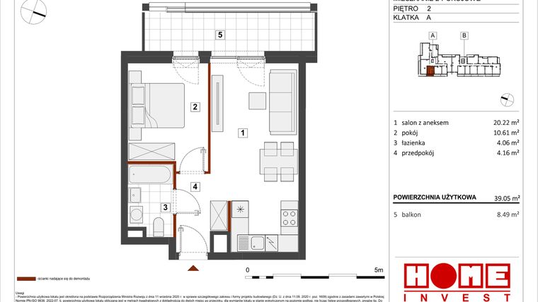 Rzut - Mieszkanie na sprzedaż 2 pokoje o powierzchni 39,05 m² - numer B1-A011 w Warszawski Świt etap VIII