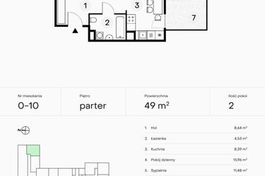 Rzut - Mieszkanie na sprzedaż 2 pokoje o powierzchni 49 m² - numer 0-10 w Pączka 1