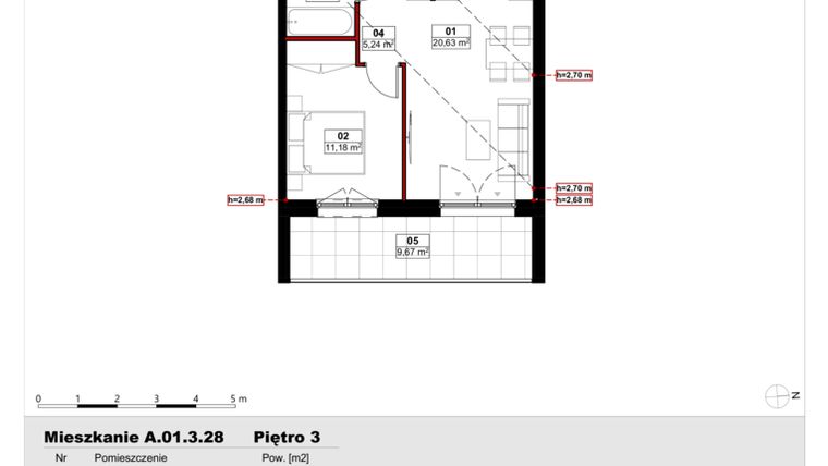 Rzut - Mieszkanie na sprzedaż 2 pokoje o powierzchni 41,67 m² - numer A01.3.28 w Skwer Witosa
