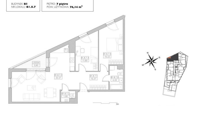 Rzut - Mieszkanie na sprzedaż 3 pokoje o powierzchni 75,83 m² - numer B1.8.7 w Alvarium 2.0