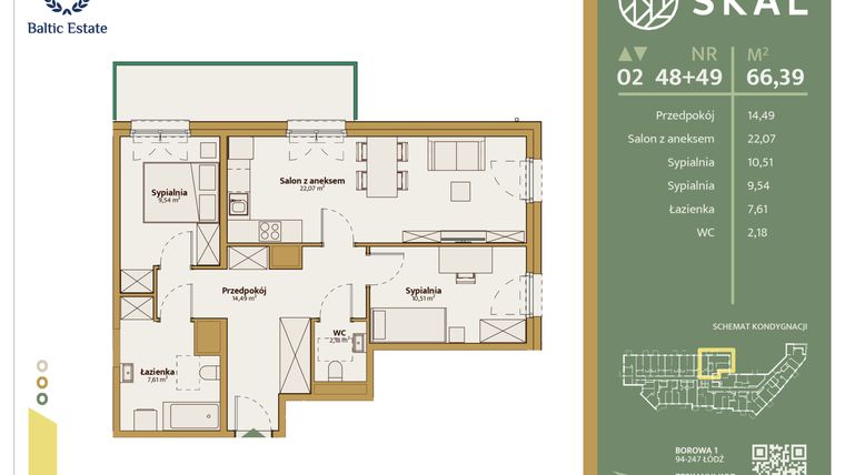 Rzut - Mieszkanie na sprzedaż 1 pokój o powierzchni 66,39 m² - numer M.48+49 w Skal