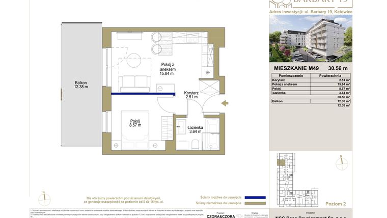 Rzut - Mieszkanie na sprzedaż 2 pokoje o powierzchni 30,56 m² - numer M49 w Barbary 19