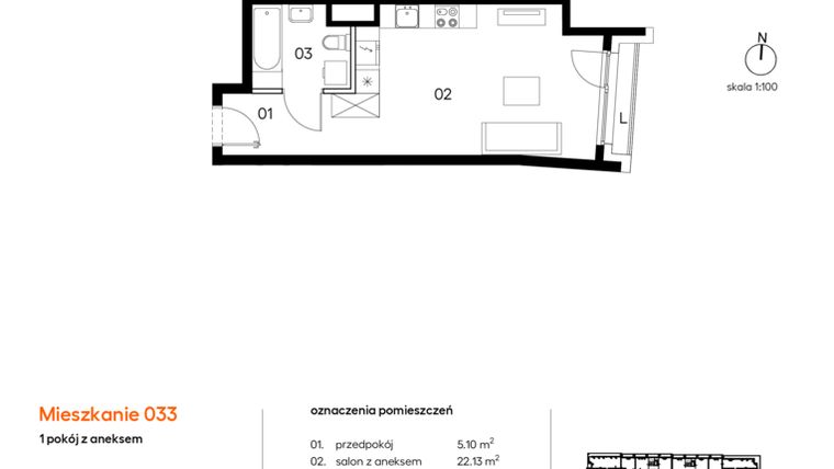 Rzut - Mieszkanie na sprzedaż 1 pokój o powierzchni 32,03 m² - numer A.A033 w Miasto Polskich Mistrzów Olimpijskich II