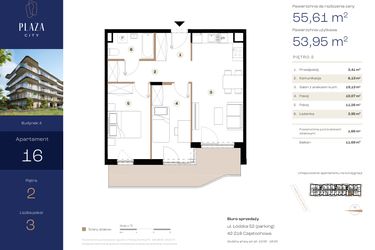 Rzut - Mieszkanie na sprzedaż 3 pokoje o powierzchni 55,61 m² - numer B4M16 w Plaza City