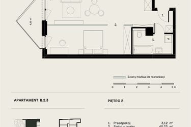 Rzut - Mieszkanie na sprzedaż 2 pokoje o powierzchni 50,03 m² - numer B/2/3 w Ogrodowa 12