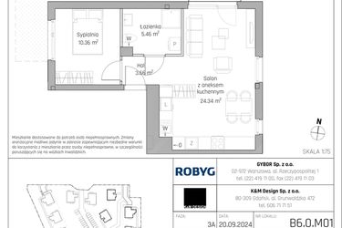 Rzut - Mieszkanie na sprzedaż 2 pokoje o powierzchni 43,82 m² - numer B6.0M01 w ROSA Residence etap II