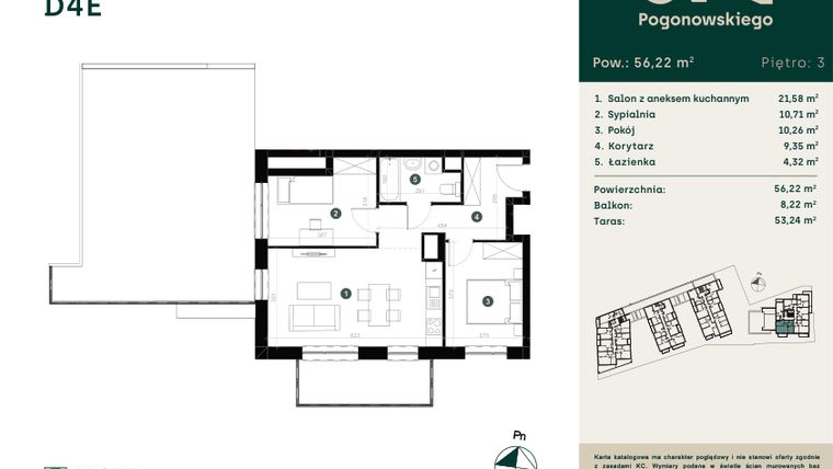 Rzut - Mieszkanie na sprzedaż 3 pokoje o powierzchni 56,26 m² - numer D-4E w Pogonowskiego 73