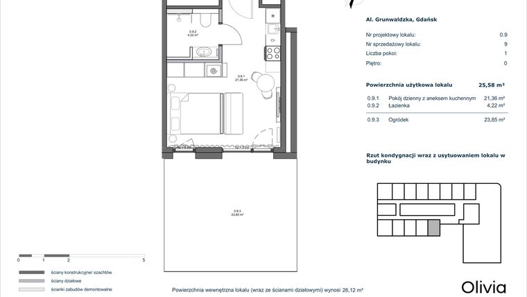 Rzut - Mieszkanie na sprzedaż 1 pokój o powierzchni 25,53 m² - numer 0.9 w Olivia Pulse