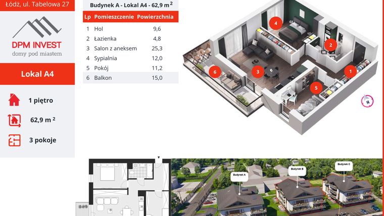 Rzut - Mieszkanie na sprzedaż 3 pokoje o powierzchni 62,9 m² - numer A4 w Apartamenty Tabelowa