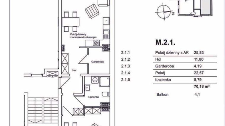 Rzut - Mieszkanie na sprzedaż 2 pokoje o powierzchni 70,18 m² - numer M.2.1 w Konopnickiej 12