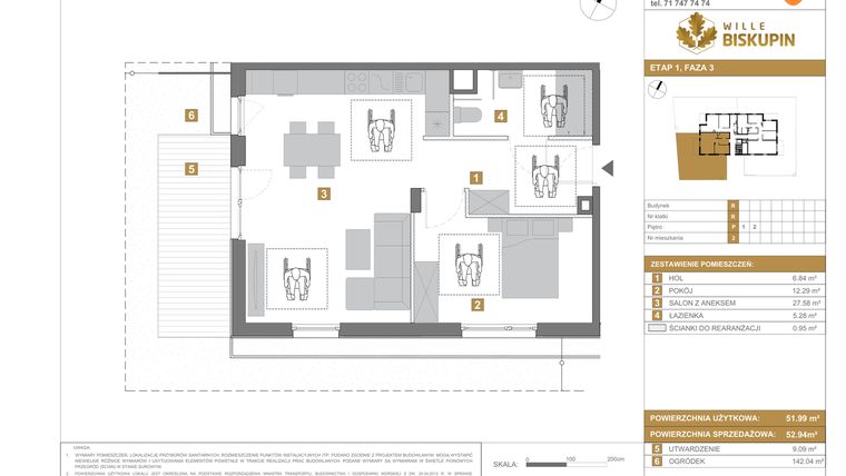 Rzut - Mieszkanie na sprzedaż 2 pokoje o powierzchni 52,94 m² - numer R2 w Wille Biskupin III