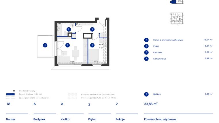 Rzut - Mieszkanie na sprzedaż 2 pokoje o powierzchni 33,86 m² - numer A.18 w Osiedle Inverso