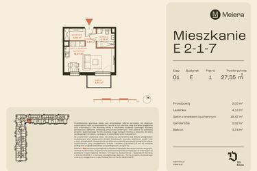 Rzut - Mieszkanie na sprzedaż 1 pokój o powierzchni 27,55 m² - numer E2-1-7 w Osiedle Meiera