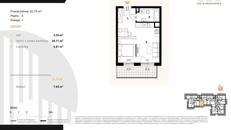 Rzut - Mieszkanie na sprzedaż 1 pokój o powierzchni 35,75 m² - numer M50 w Aleja Krakowska 201
