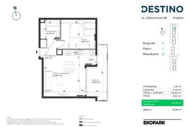 Rzut - Mieszkanie na sprzedaż 2 pokoje o powierzchni 40,38 m² - numer A-22 w Destino