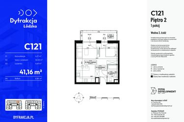Rzut - Mieszkanie na sprzedaż 1 pokój o powierzchni 41,16 m² - numer C121 w Dyfrakcja Łódzka - bud. CD