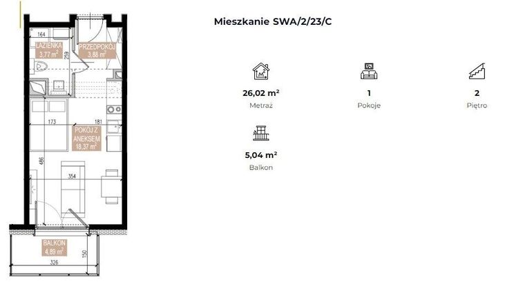 Rzut - Mieszkanie na sprzedaż 1 pokój o powierzchni 26,02 m² - numer SWA/2/23/C w Apartamenty Świeradowska