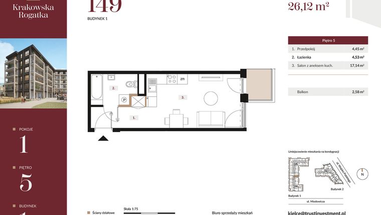 Rzut - Mieszkanie na sprzedaż 1 pokój o powierzchni 26,12 m² - numer 1.M149 w Krakowska Rogatka