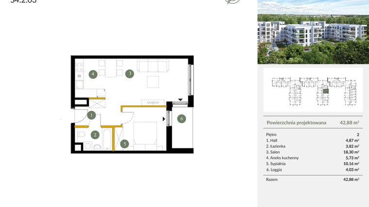 Rzut - Mieszkanie na sprzedaż 2 pokoje o powierzchni 42,88 m² - numer S4.2.03 w Ogrody Julianów