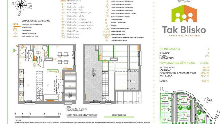 Rzut - Mieszkanie na sprzedaż 2 pokoje o powierzchni 64,36 m² - numer 9.F w Tak Blisko