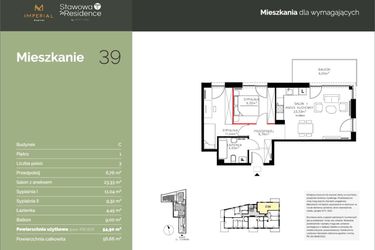 Rzut - Mieszkanie na sprzedaż 3 pokoje o powierzchni 54,9 m² - numer C39 w Stawowa Residence - etap V