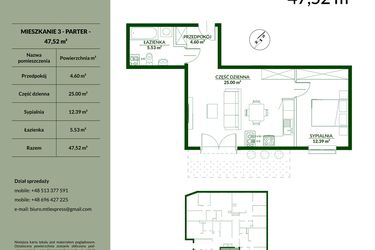 Rzut - Mieszkanie na sprzedaż 2 pokoje o powierzchni 47,52 m² - numer 3 w Bukowa etap II