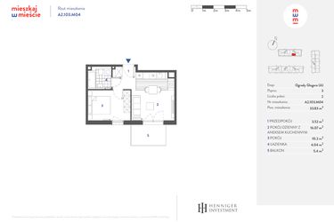Rzut - Mieszkanie na sprzedaż 2 pokoje o powierzchni 33,79 m² - numer A2.103.M04 w Mieszkaj w mieście - Ogrody Glogera