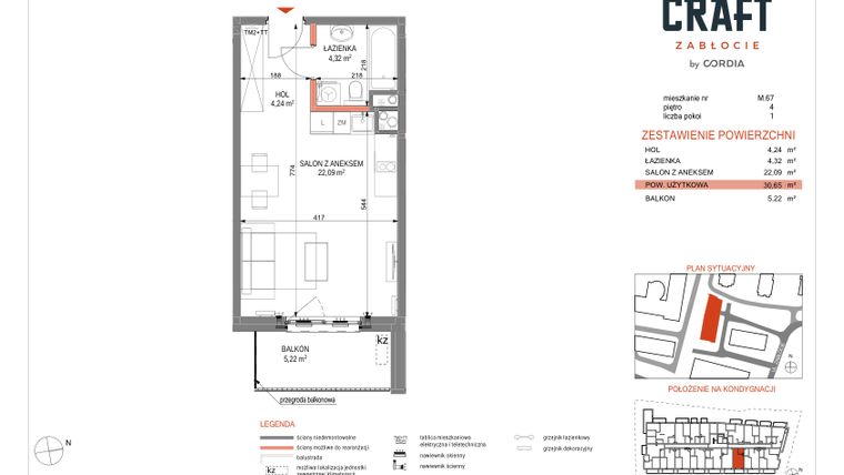 Rzut - Mieszkanie na sprzedaż 1 pokój o powierzchni 30,65 m² - numer A1.M.67 w Craft Zabłocie