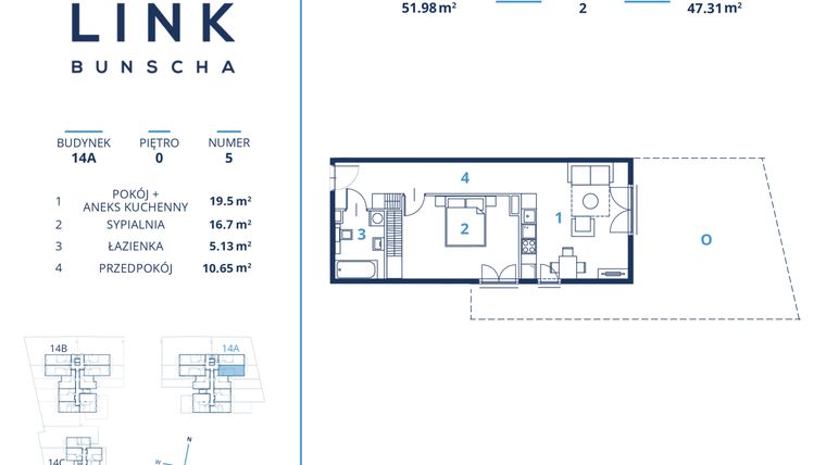 Rzut - Mieszkanie na sprzedaż 2 pokoje o powierzchni 51,98 m² - numer 14A.5 w LINK BUNSCHA
