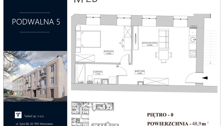 Rzut - Mieszkanie na sprzedaż 3 pokoje o powierzchni 48,9 m² - numer 2B w Podwalna 5
